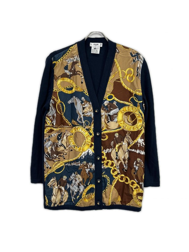 Celine Navy Vintage Scarf Pattern Silk Cardigan 40